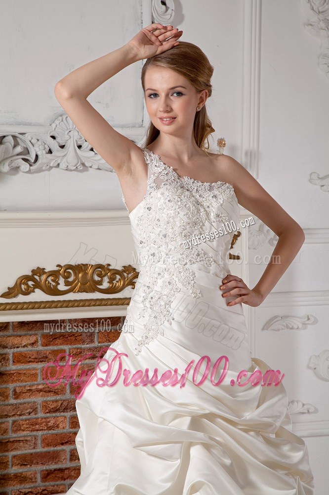 One Shoulder Court Train Taffeta Wedding Dress with Appliques and Pick-ups