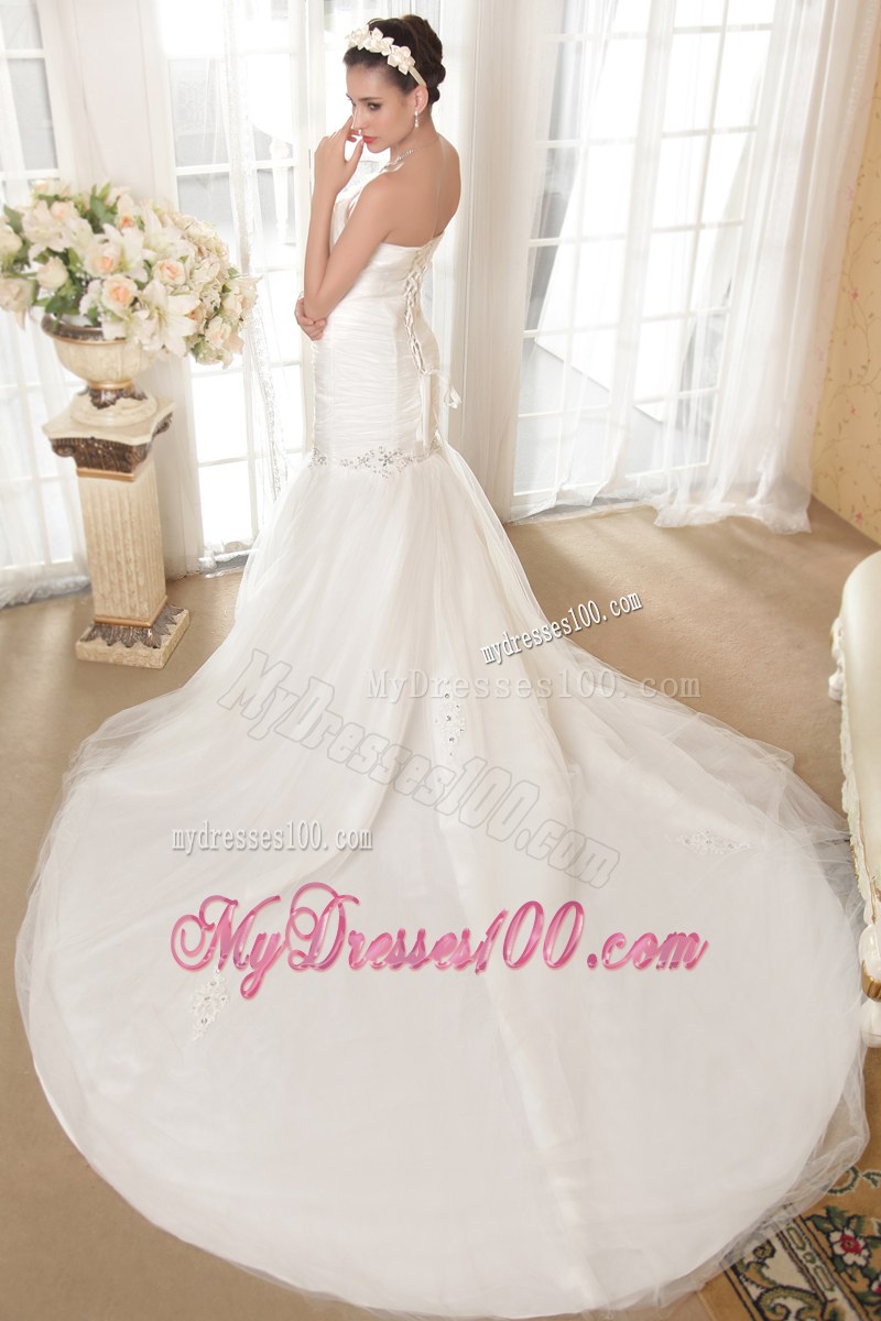 Strapless Beaded Dress for Wedding in White Chapel Train Simple Style