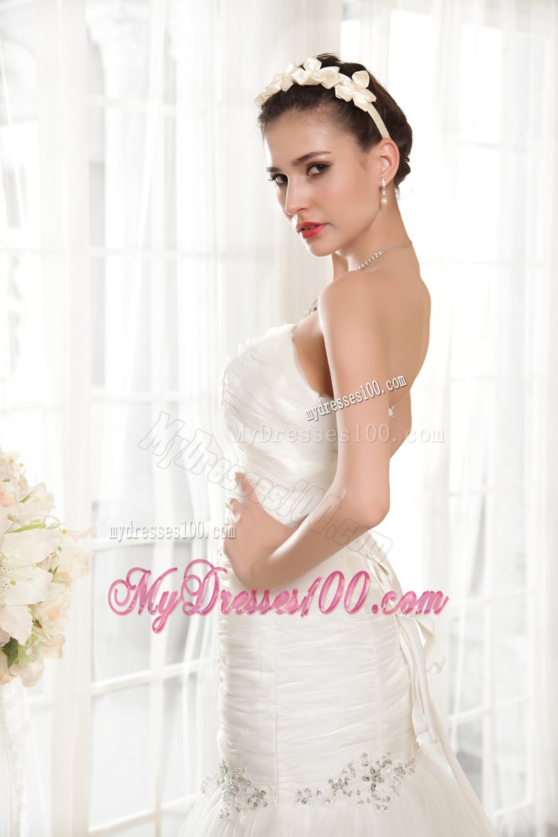 Strapless Beaded Dress for Wedding in White Chapel Train Simple Style