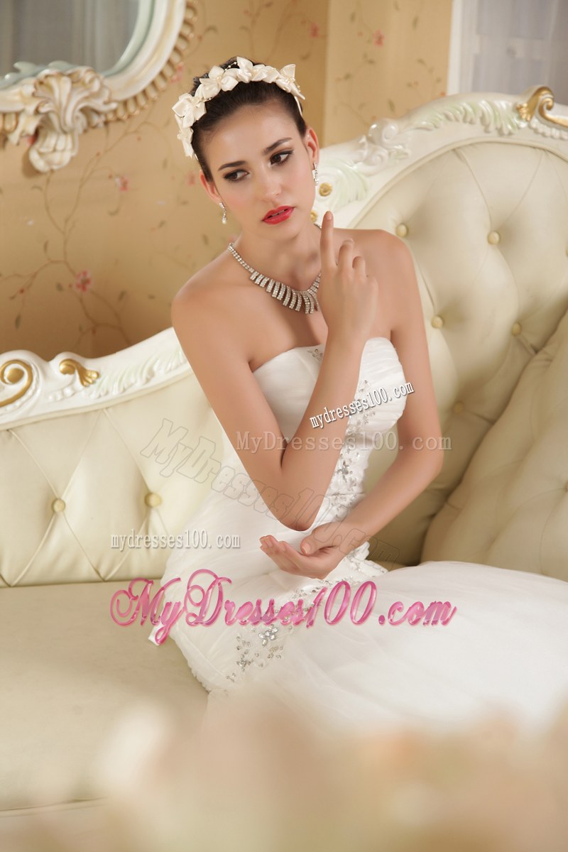 Strapless Beaded Dress for Wedding in White Chapel Train Simple Style