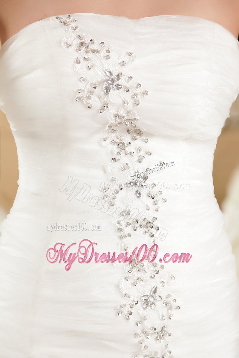 Strapless Beaded Dress for Wedding in White Chapel Train Simple Style