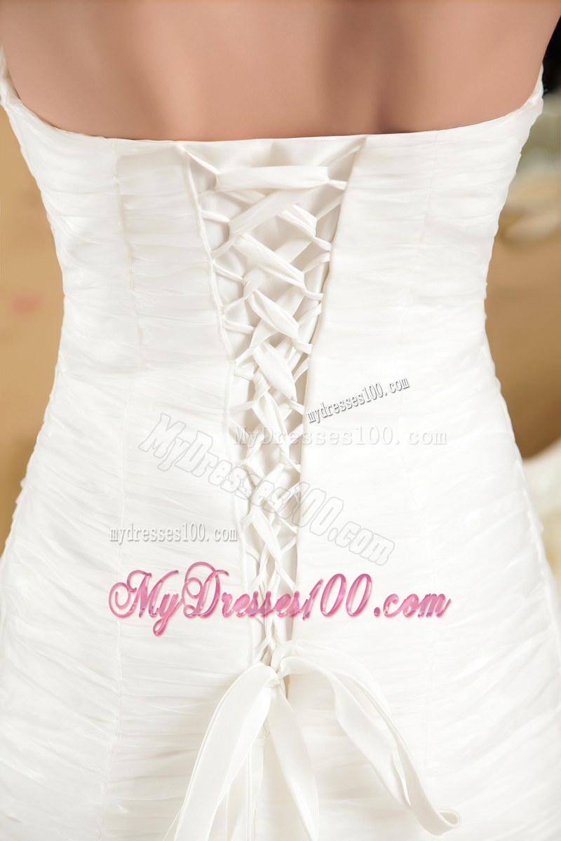 Strapless Beaded Dress for Wedding in White Chapel Train Simple Style