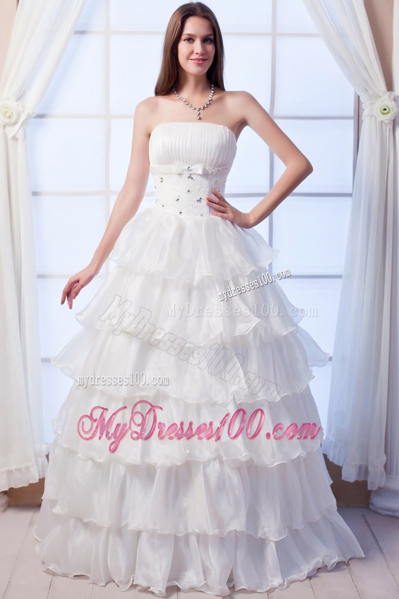 Dramatic Ruffle Layers Beaded White Wedding Dress Floor Length