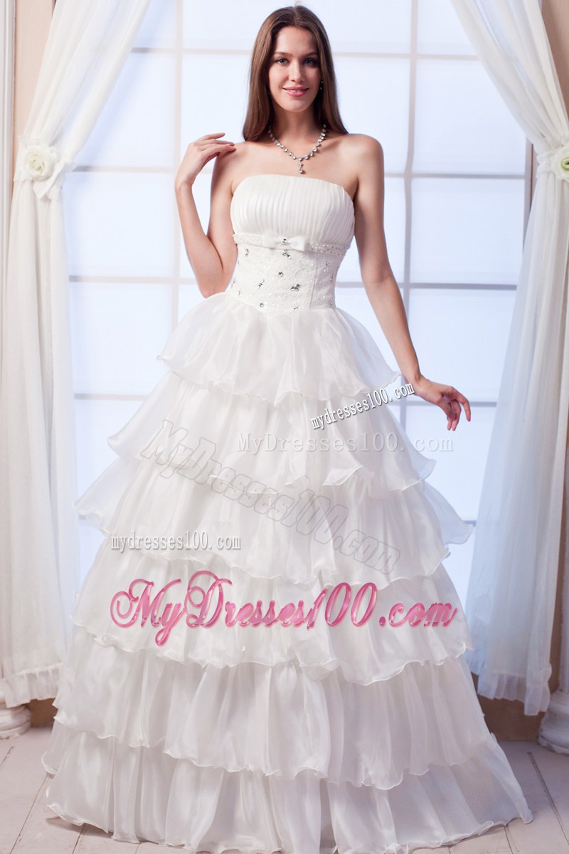 Dramatic Ruffle Layers Beaded White Wedding Dress Floor Length