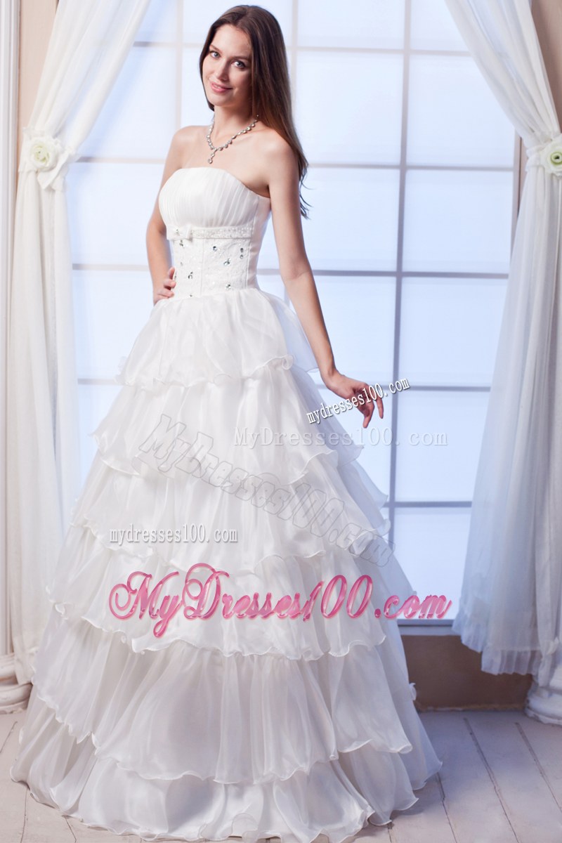 Dramatic Ruffle Layers Beaded White Wedding Dress Floor Length