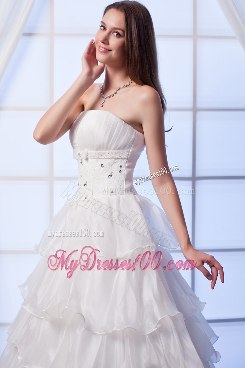 Dramatic Ruffle Layers Beaded White Wedding Dress Floor Length
