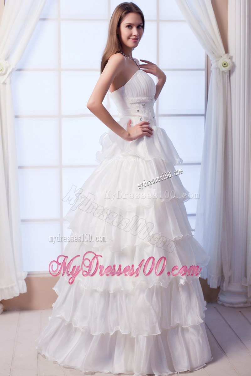 Dramatic Ruffle Layers Beaded White Wedding Dress Floor Length