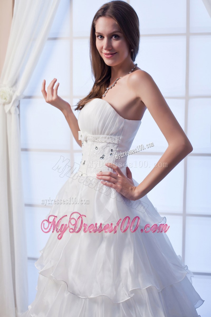 Dramatic Ruffle Layers Beaded White Wedding Dress Floor Length