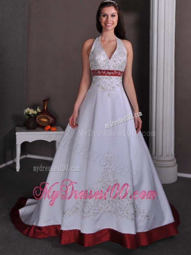 Luxurious Straps and V-neck for Wine Red and White Chapel Train Wedding Dress