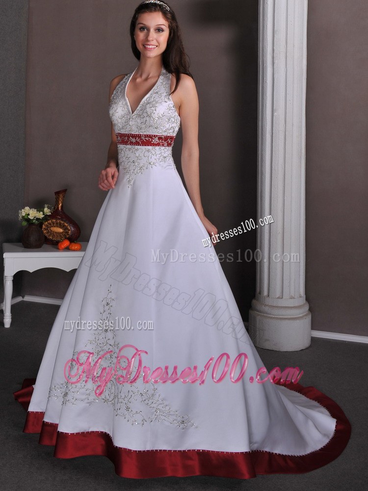 Luxurious Straps and V-neck for Wine Red and White Chapel Train Wedding Dress