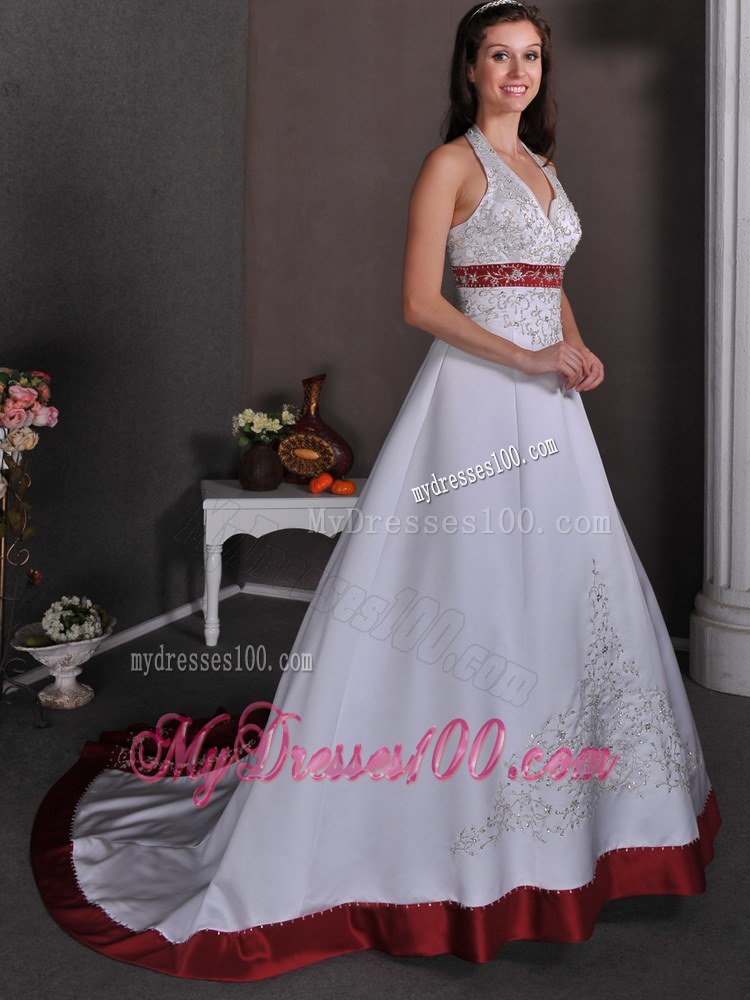 Luxurious Straps and V-neck for Wine Red and White Chapel Train Wedding Dress