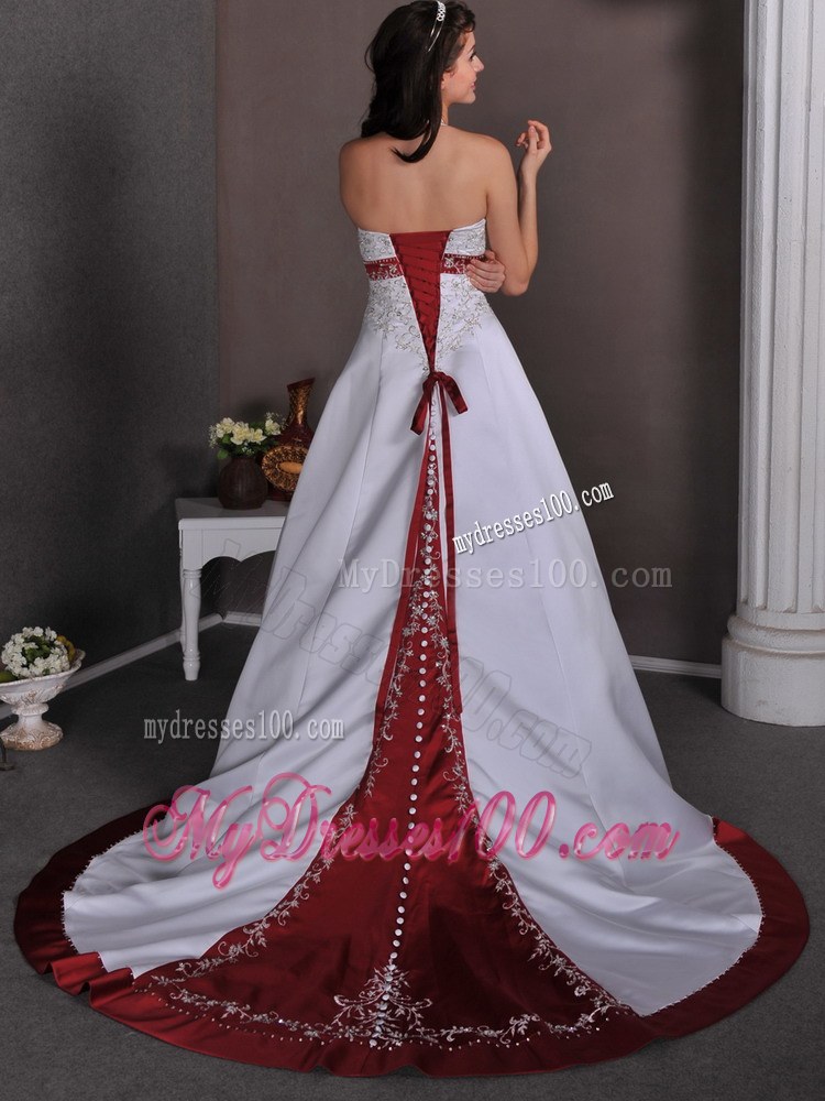 Luxurious Straps and V-neck for Wine Red and White Chapel Train Wedding Dress