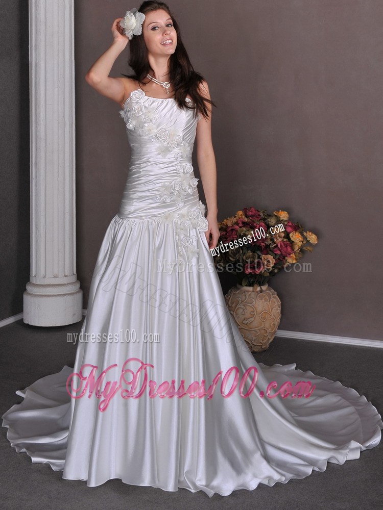 Strapless Siver Chapel Train Wedding bridal dress with Appliques and Beading