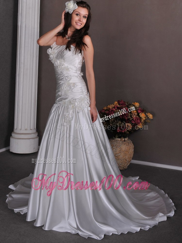 Strapless Siver Chapel Train Wedding bridal dress with Appliques and Beading
