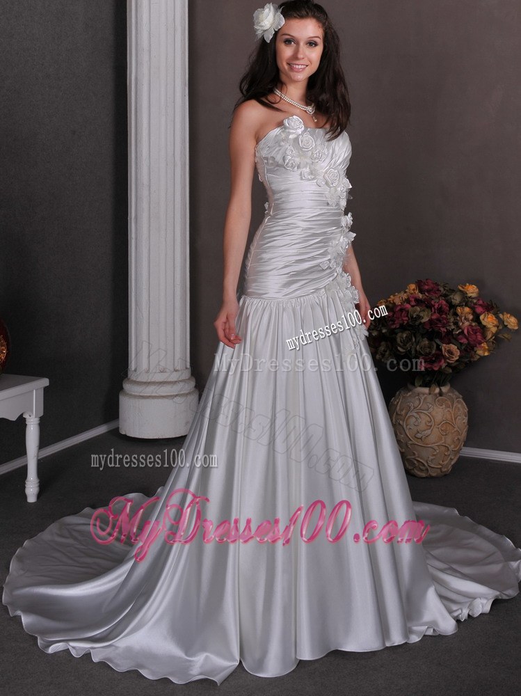 Strapless Siver Chapel Train Wedding bridal dress with Appliques and Beading