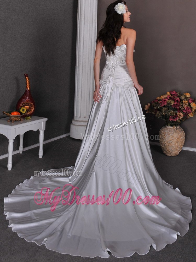 Strapless Siver Chapel Train Wedding bridal dress with Appliques and Beading