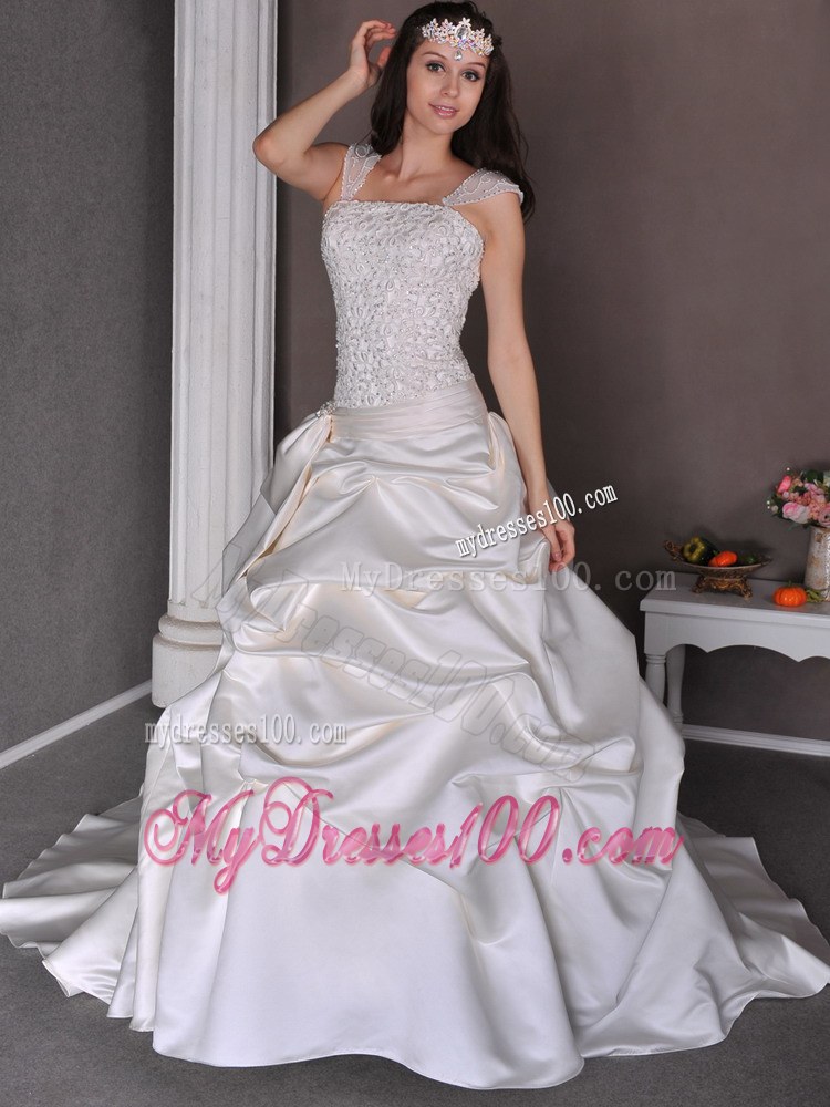 A-line Straps Chapel Train Taffeta Wedding Dresses with Appliques and Pick-ups