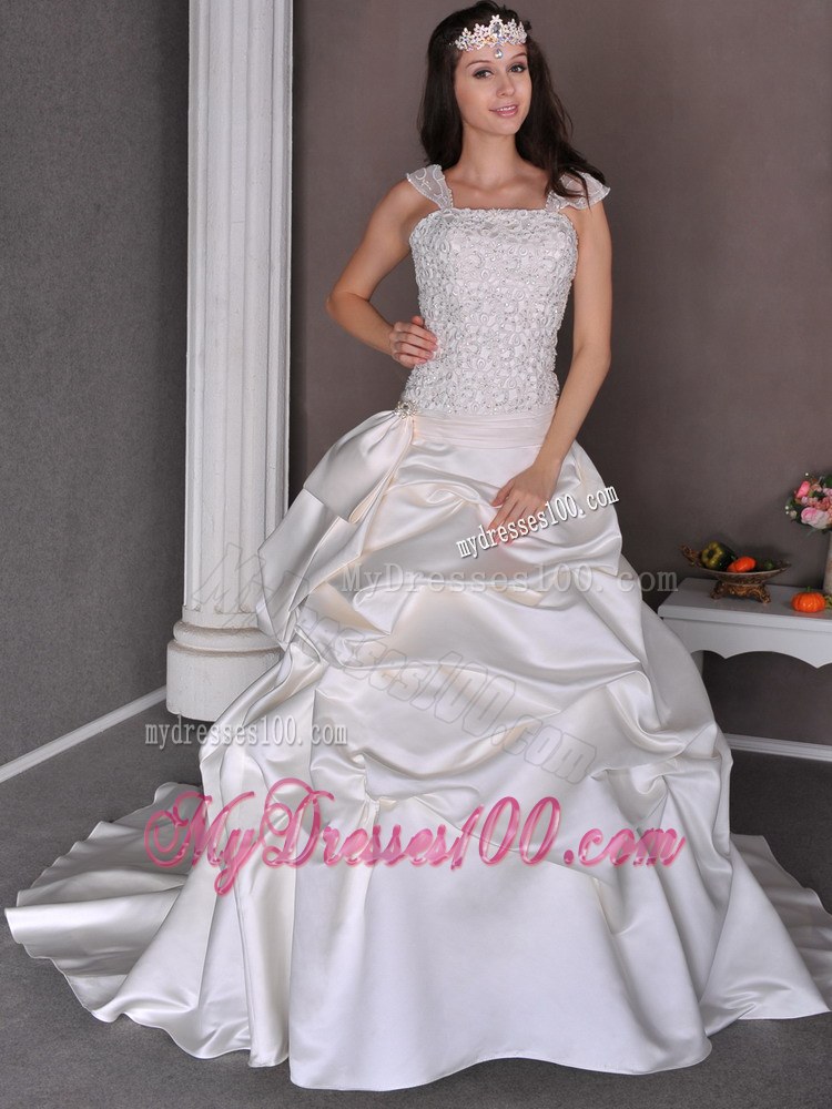 A-line Straps Chapel Train Taffeta Wedding Dresses with Appliques and Pick-ups