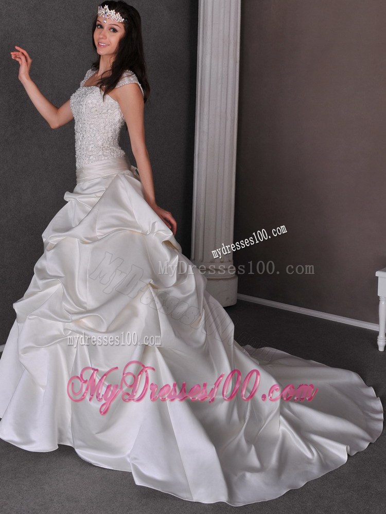 A-line Straps Chapel Train Taffeta Wedding Dresses with Appliques and Pick-ups