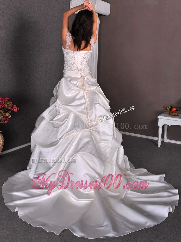 A-line Straps Chapel Train Taffeta Wedding Dresses with Appliques and Pick-ups