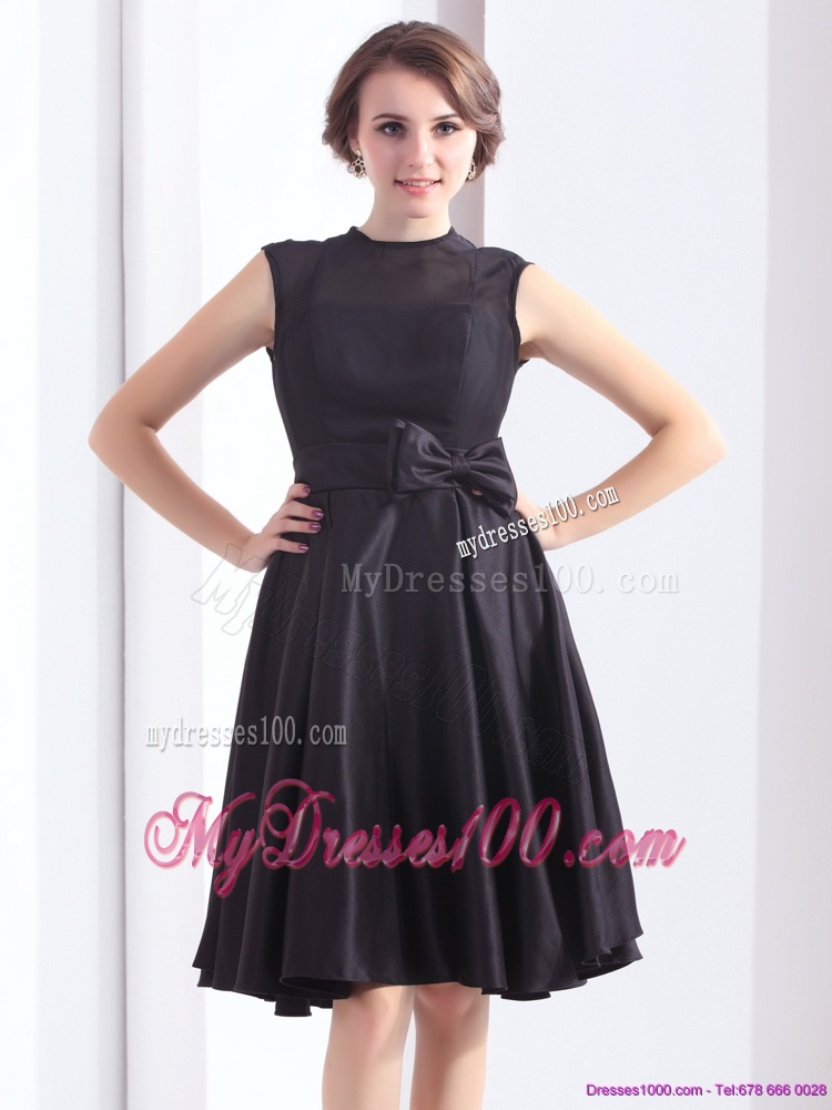 2016 Perfect Black Knee Length Evening Dress with Bowknot