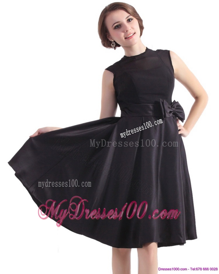 2016 Perfect Black Knee Length Evening Dress with Bowknot