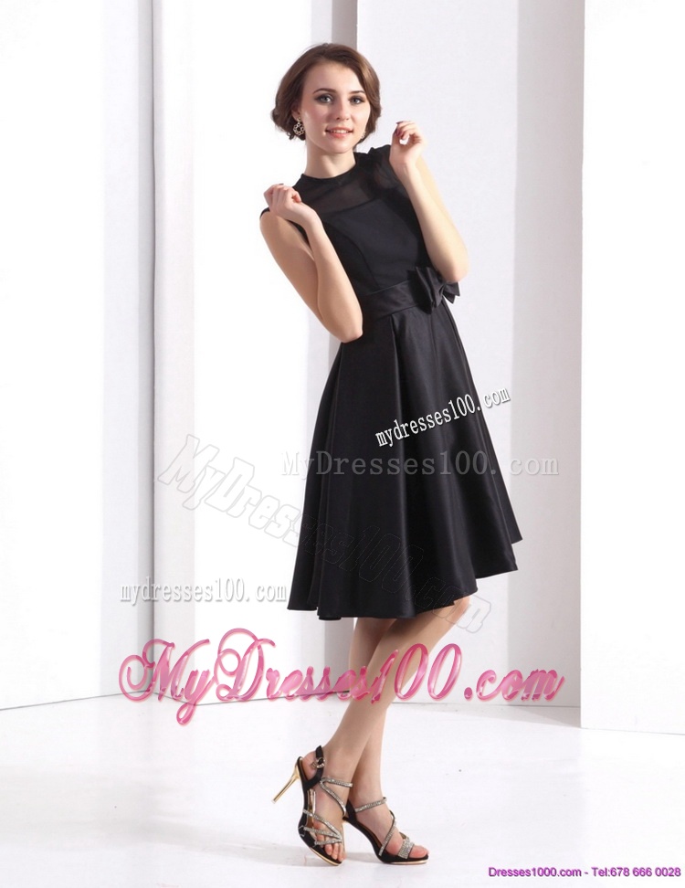 2016 Perfect Black Knee Length Evening Dress with Bowknot
