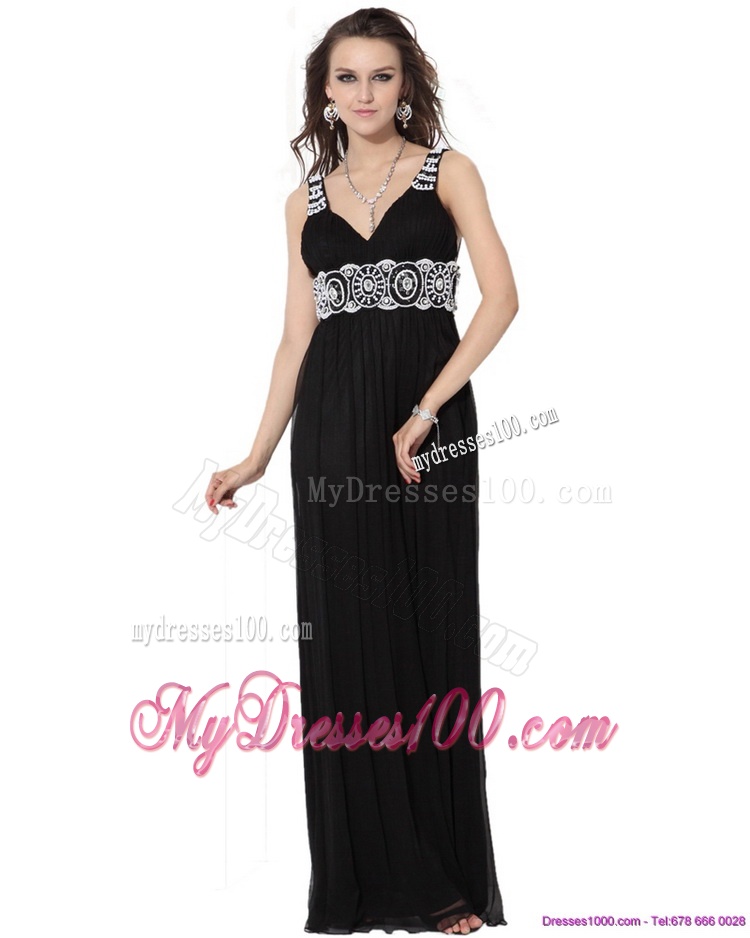 2016 Pretty Black Long Evening Dresses with White Appliques