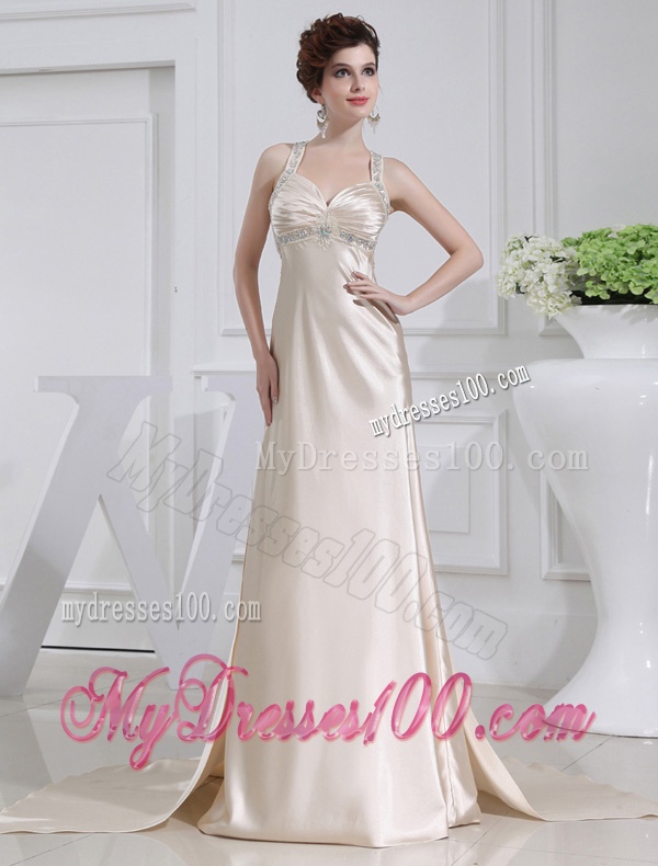 A-line Halter Top Floor-length Beading Elastic Woven Satin Evening Dress