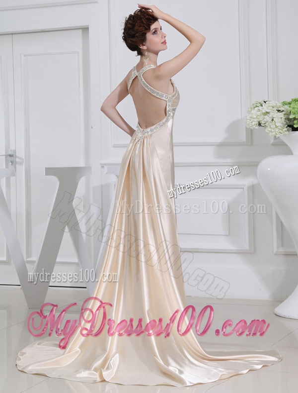 A-line Halter Top Floor-length Beading Elastic Woven Satin Evening Dress