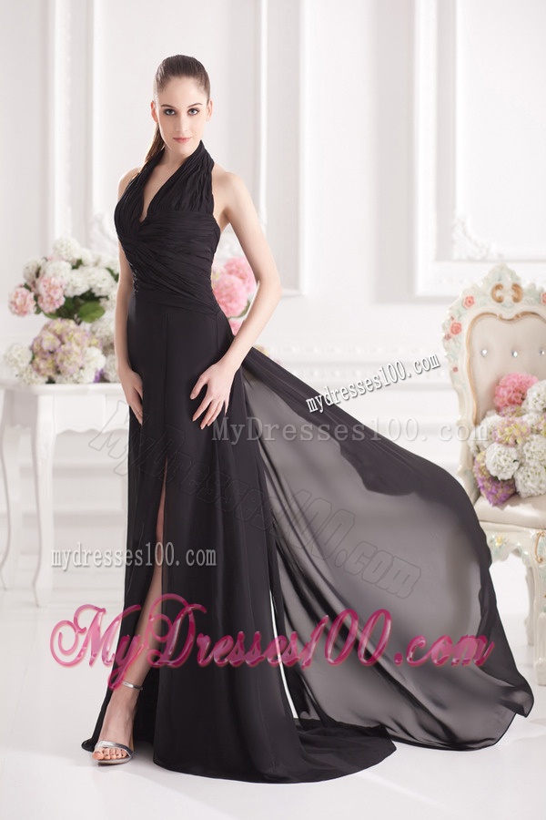 A-line Halter Top Floor-length Chiffon Black High Slit Evening Dress