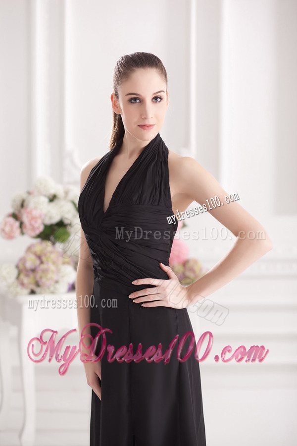 A-line Halter Top Floor-length Chiffon Black High Slit Evening Dress