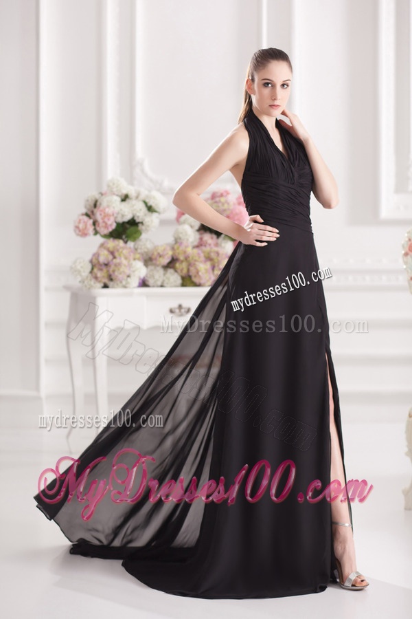 A-line Halter Top Floor-length Chiffon Black High Slit Evening Dress