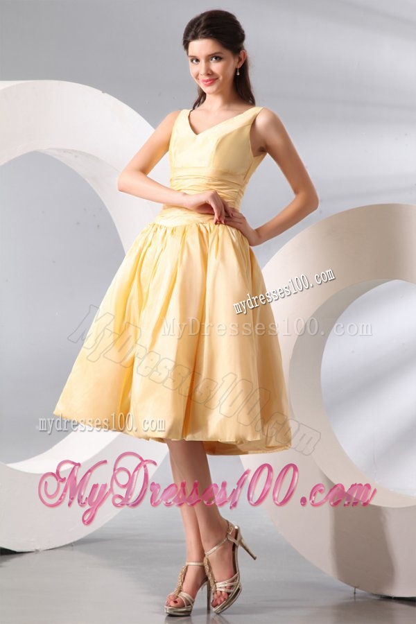 A-line Light Yellow V-neck Knee-length Ruching Evening Dress