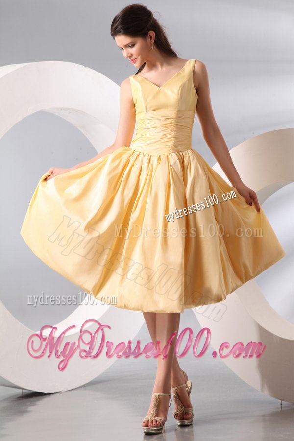A-line Light Yellow V-neck Knee-length Ruching Evening Dress