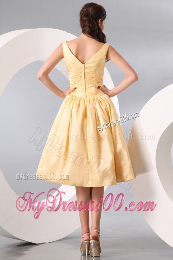 A-line Light Yellow V-neck Knee-length Ruching Evening Dress