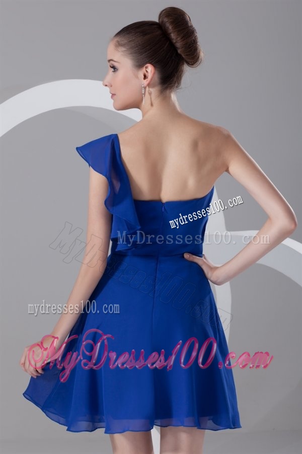 A-line One Shoulder Blue Chiffon Mini-length Ruching Evening Dress