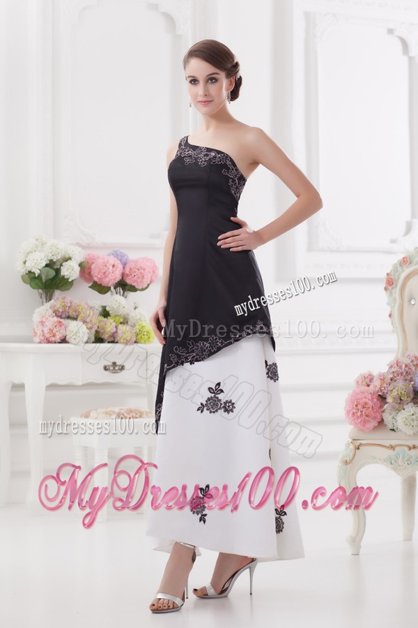 A-line One Shoulder Embroidery Black and White Ankle-length Evening Dress