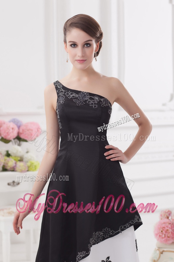 A-line One Shoulder Embroidery Black and White Ankle-length Evening Dress