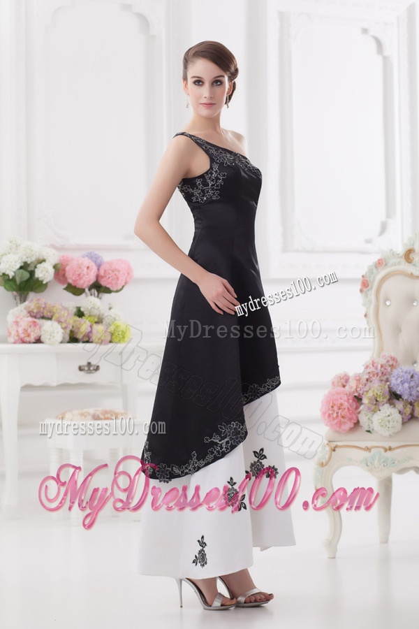 A-line One Shoulder Embroidery Black and White Ankle-length Evening Dress
