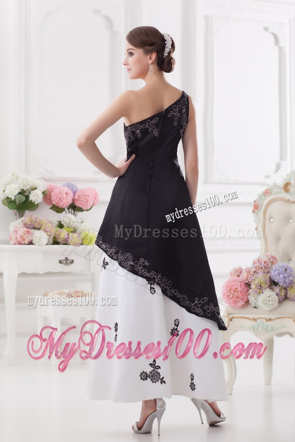 A-line One Shoulder Embroidery Black and White Ankle-length Evening Dress
