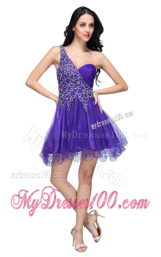 A-line Purple One Shoulder Beading Tulle Evening Dress