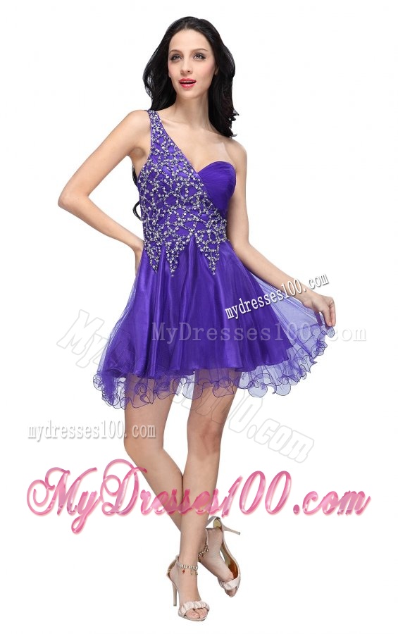 A-line Purple One Shoulder Beading Tulle Evening Dress