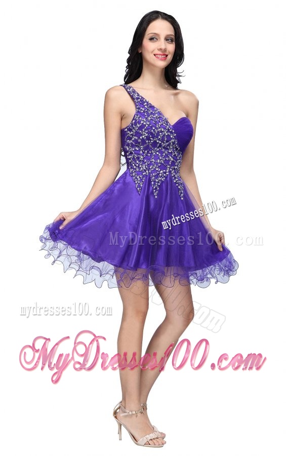 A-line Purple One Shoulder Beading Tulle Evening Dress