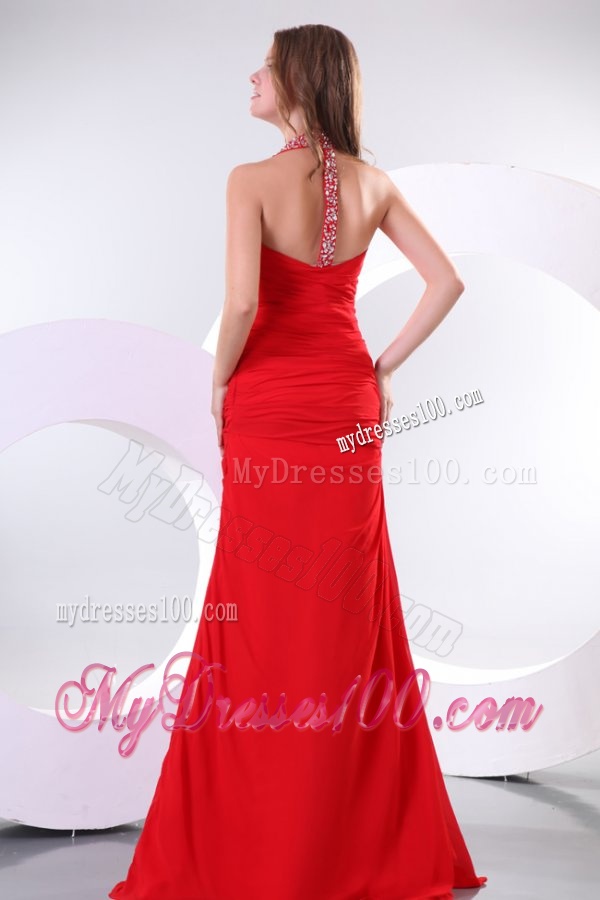 A-line Red Halter Top Neckline Beaded Decorate Evening Dress with Side Zipper