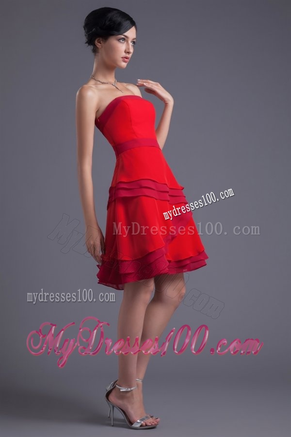 A-line Red Strapless Mini-length Chiffon Ruching Evening Dress