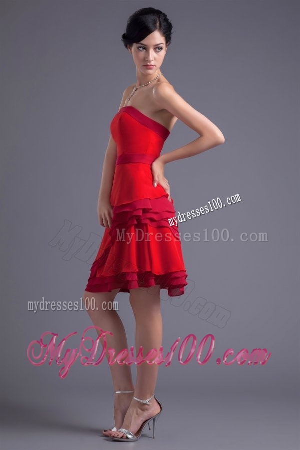 A-line Red Strapless Mini-length Chiffon Ruching Evening Dress