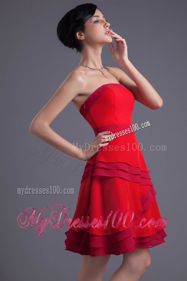 A-line Red Strapless Mini-length Chiffon Ruching Evening Dress