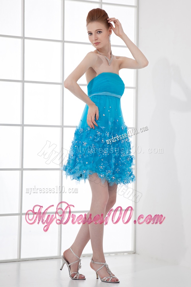 A-line Strapless Applique Organza Evening Dress with Beading and Ruching