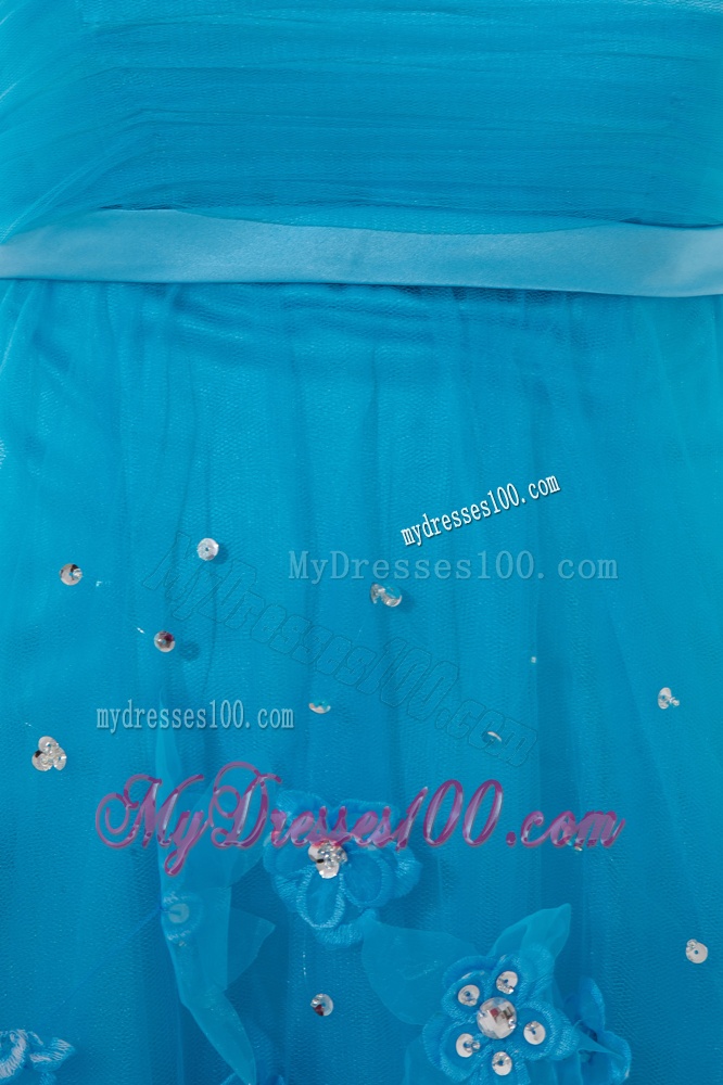 A-line Strapless Applique Organza Evening Dress with Beading and Ruching